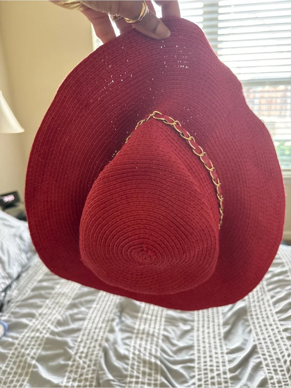 Stylish Red Wide-Brim Sun Hat with Gold Chain Accent